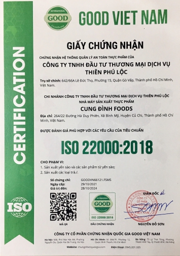 Yến Sào Cung Đình có chứng nhận sản phẩm ISO: 22000:2018